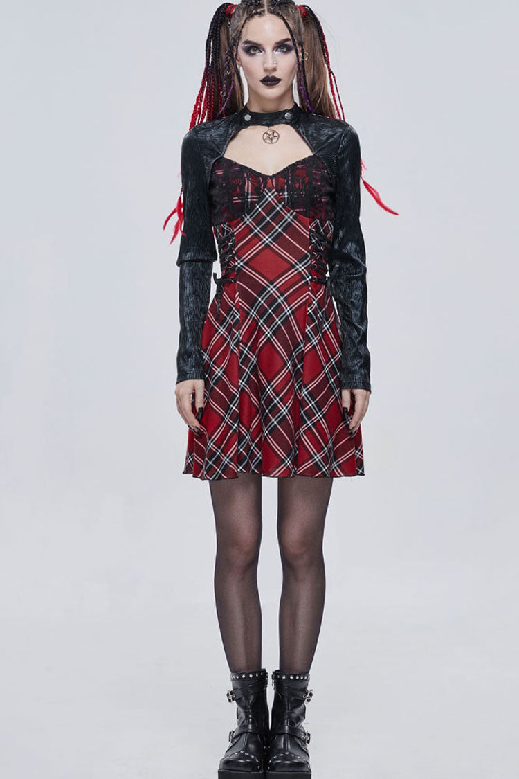 Red Punk Scottish Plaid Knitted FabricWaist Side Strap Design Metal Pentagram Decoration Women's Dress