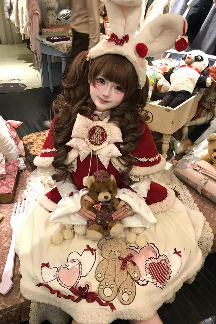 レッド【新春】長袖刺繍リボンレーススイートロリータスカートとうさ耳マントセット
