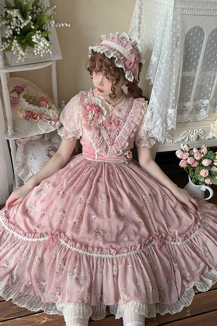 [Daydream Rose] Kurzärmliges Kleid mit Blumen-Jacquard-Print, Rüschenstickerei, Schleifenknoten, Sweet Lolita, in 3 Farben 