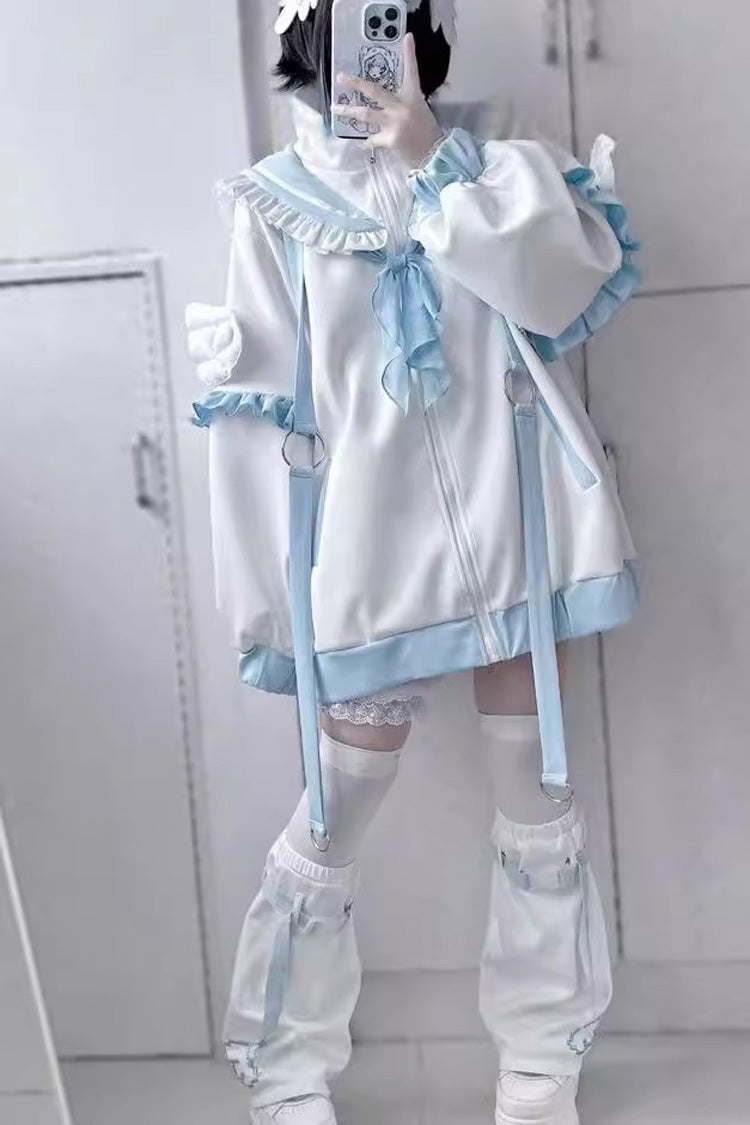 White/Blue Letter from an Angel Long Sleeves Print Jirai Kei Handsome Coat
