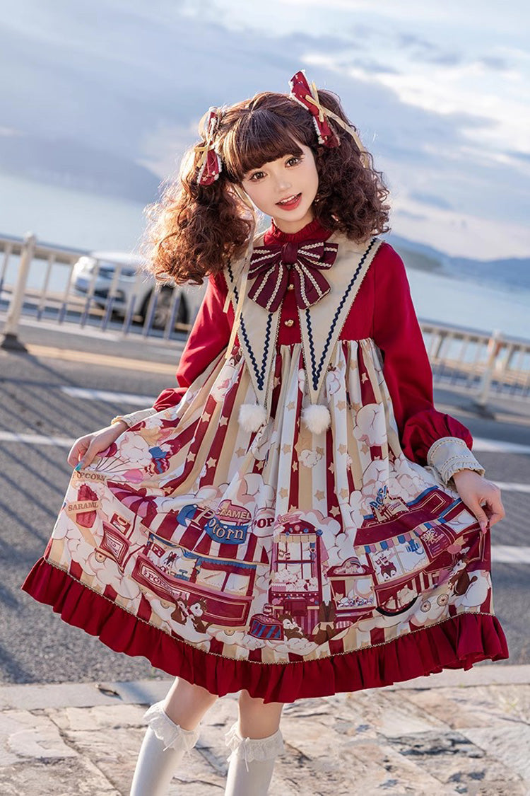 Red Long Sleeves Squirrel Popcorn Print Bowknot Sweet Lolita Dress