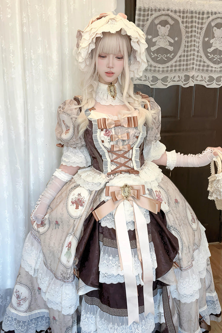 Brown [Baker Street Tea Party] Short Sleeves High Waisted Print Ruffle Embroidery Cardigan Bowknot Lace-Up Classic Vintage Princess Lolita Dress