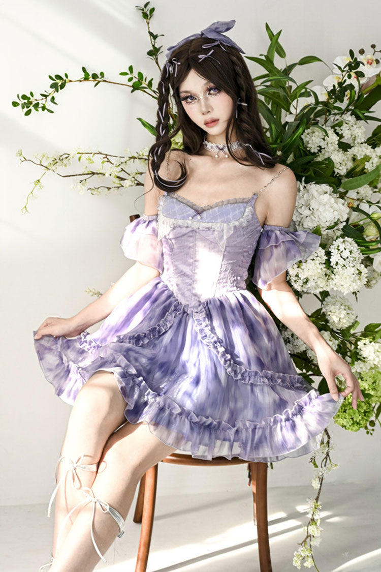 Blue Ruffle Lace Tie-dyed Print Fake Two Pieces Sweet Princess Jsk Dress