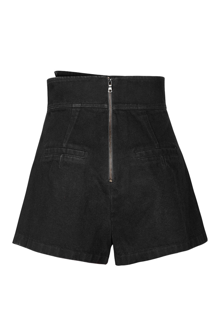 Schwarzer Metallreißverschluss, hohe Taille, unregelmäßiger Saum, Punk-A-Linien-Shorts für Damen