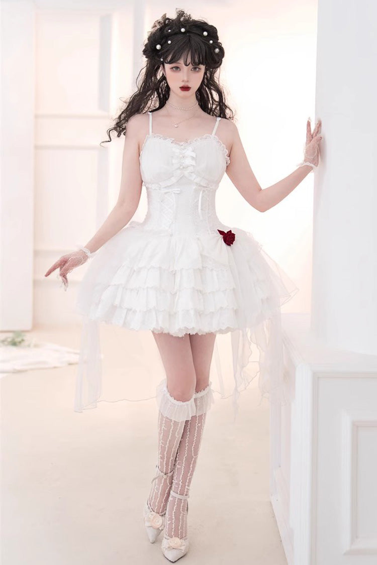 White High Waisted Multi-layer Rose Bowknot Lace-Up Gothic Lolita Jsk Dress