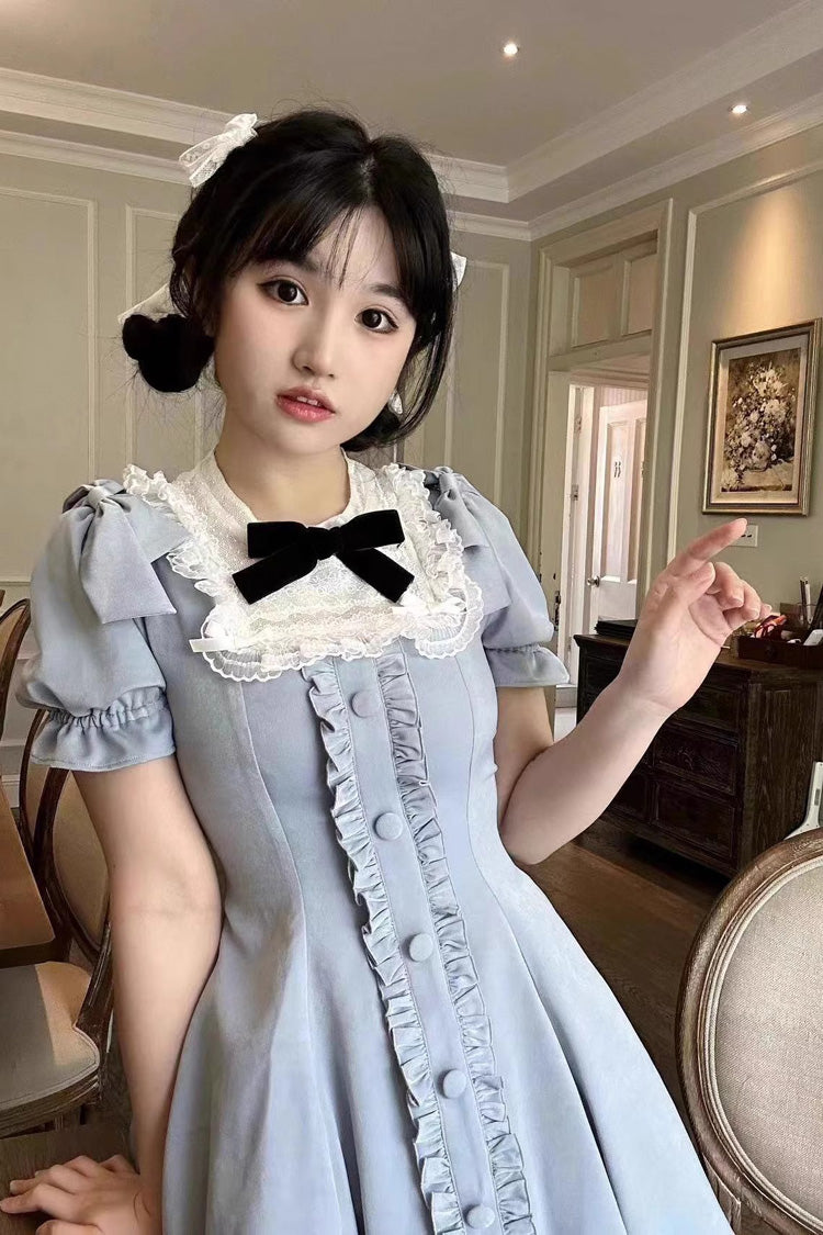 Light Blue Annie's Gift Short Sleeves Bowknot Short Version Sweet Lolita Dress (Plus Size Support)