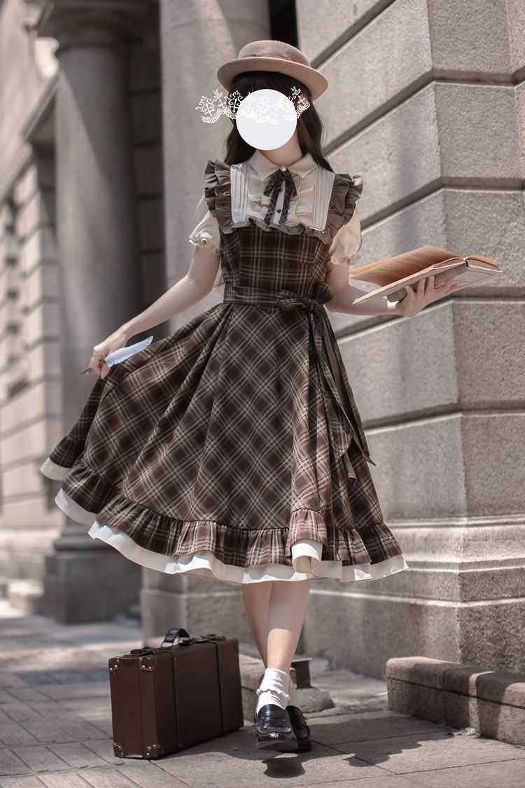 Brown [The Thames at Dusk] Print Short Sleeves Ruffle Bowknot Fake Two Pieces Vintage Lolita Dress