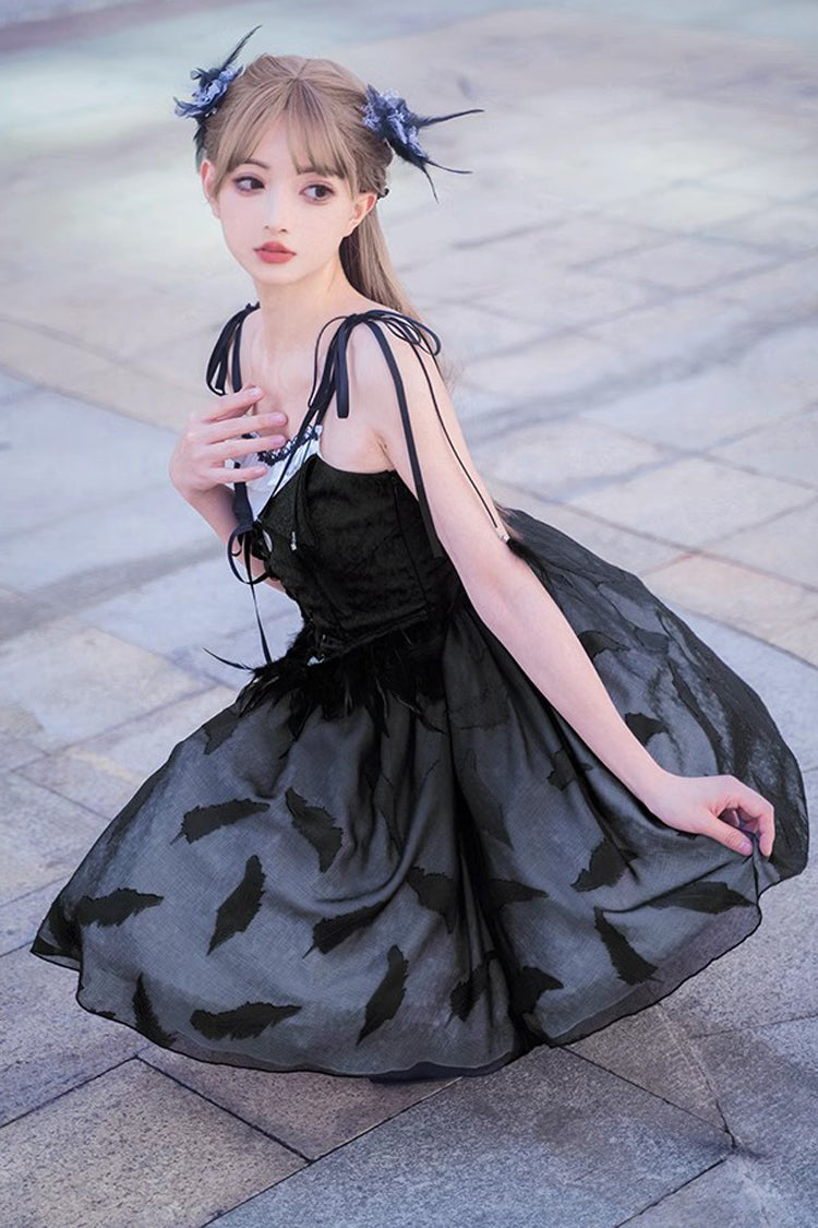 Silent Melody Elegant Black Swan Ballet Feather Print Gothic Lolita Jsk Dress