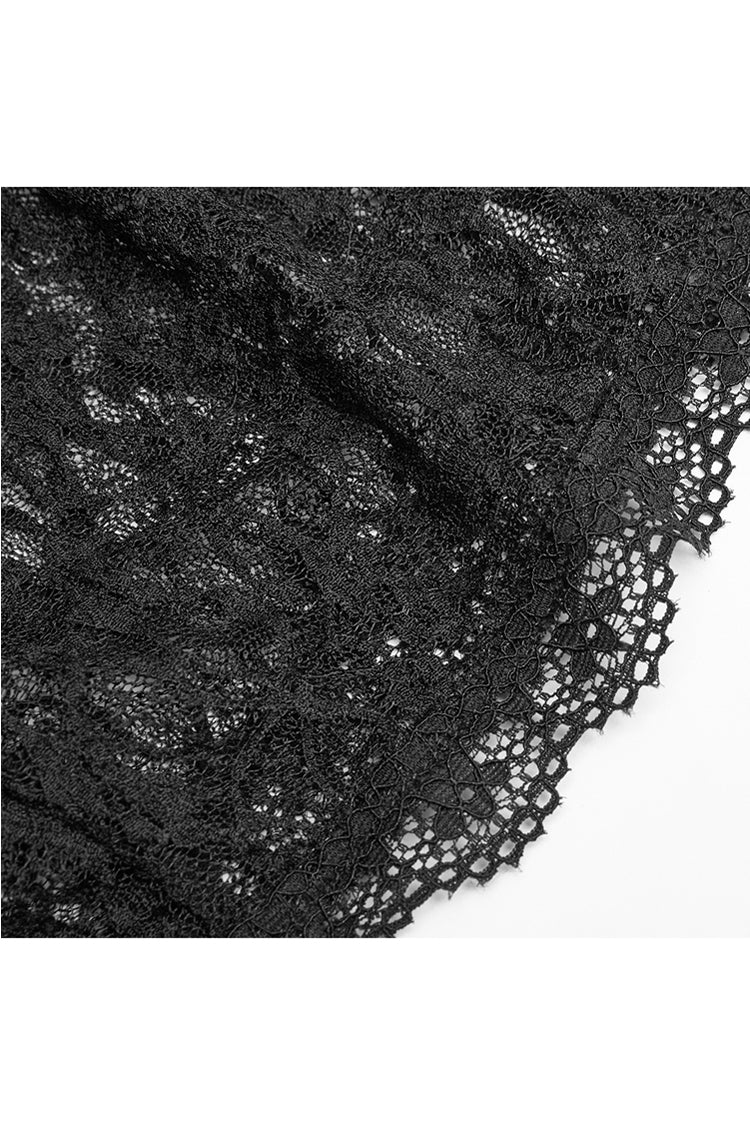 Schwarzes langärmliges Ein-Wort-Kragen-transparentes Spitzen-Gothic-T-Shirt für Damen