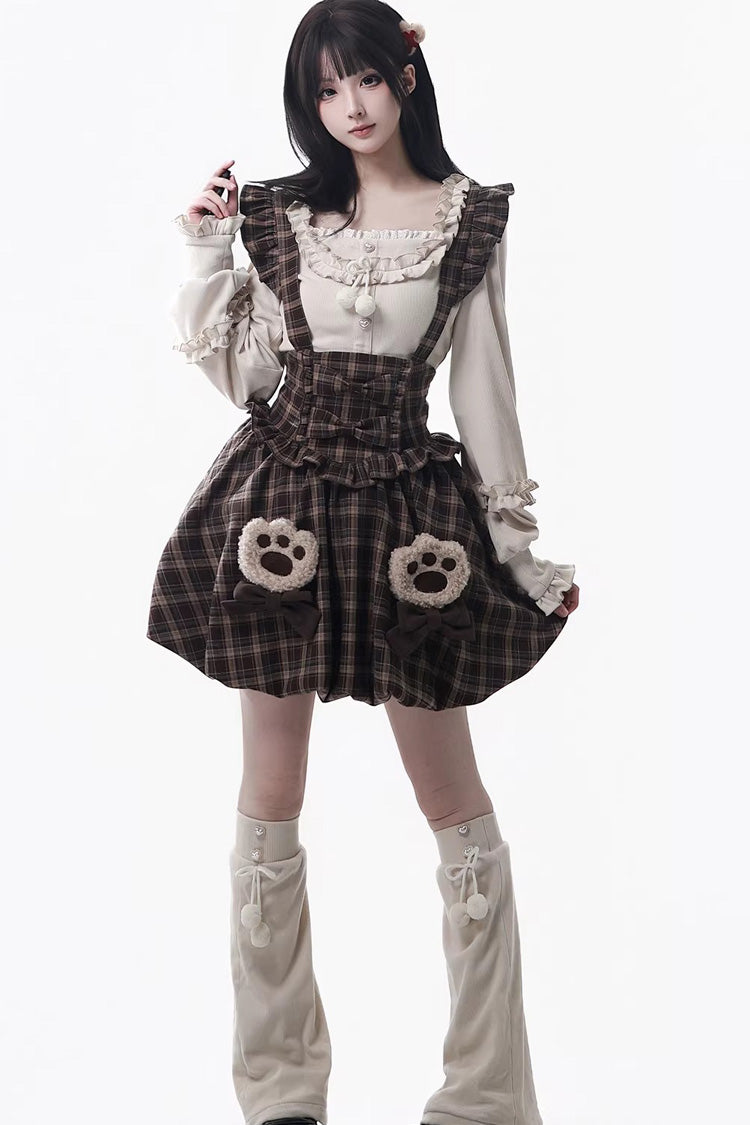 Brown [Fluffy Little Bear] Plaid Printed Ruffled Bow Sweet Lolita Strap Dress
