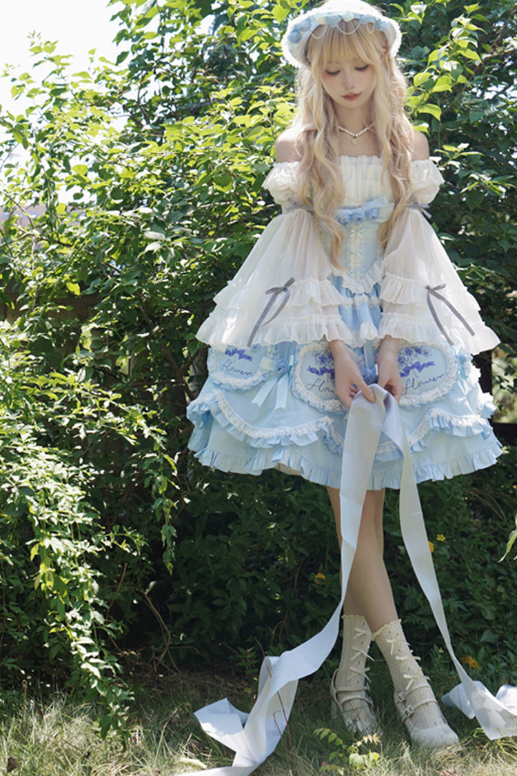 Blue [Butterfly Dream] Multi-Layered Print Ruffle Bowknot Sweet Princess Lolita Jsk Dress