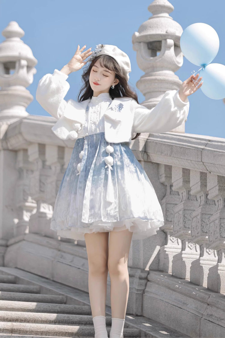 White/Blue Long Sleeves Print Ruffle Chinese Style Princess Sweet Lolita Jsk Dress Set