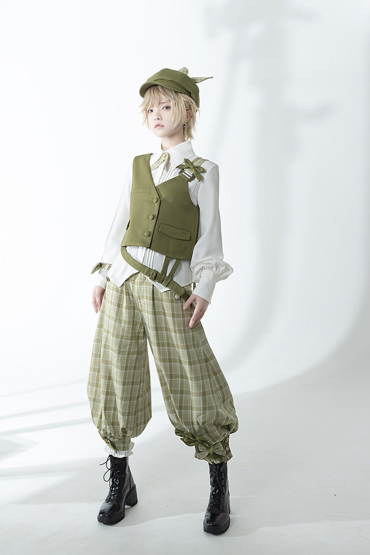 Matcha Green Plaid Pants Secret Morning Post Series Cute and Handsome Ouji Lolita Vest
