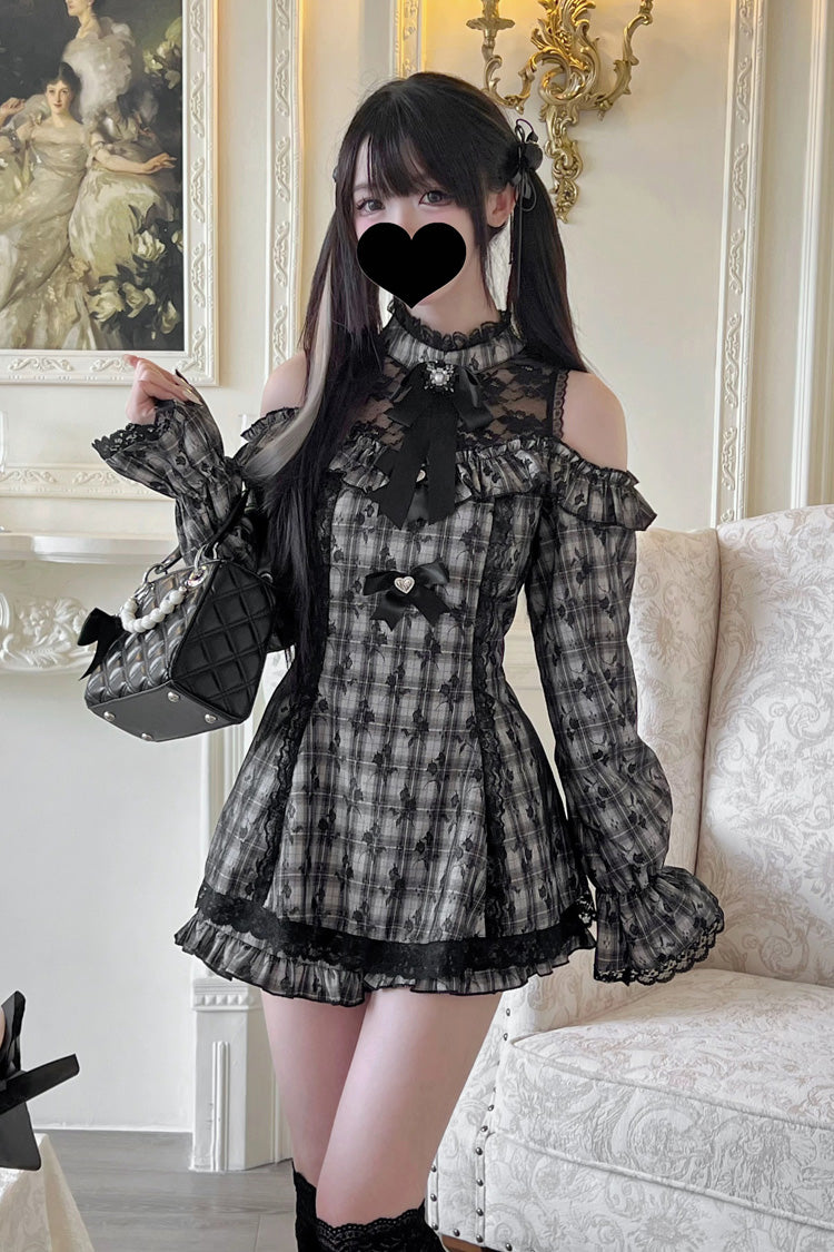 Sweet Off Shoulder Halterneck Long Sleeves Ruffle Bowknot Lace Jirai Kei Dress Shorts Set 4 Colors