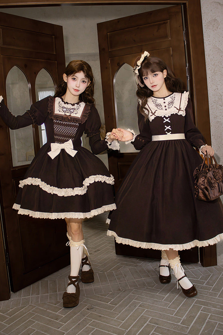 Brown [Miss Brown] Long Sleeves Ruffle Bouquet Embroidery Sweet Lolita Dress (Long Version)