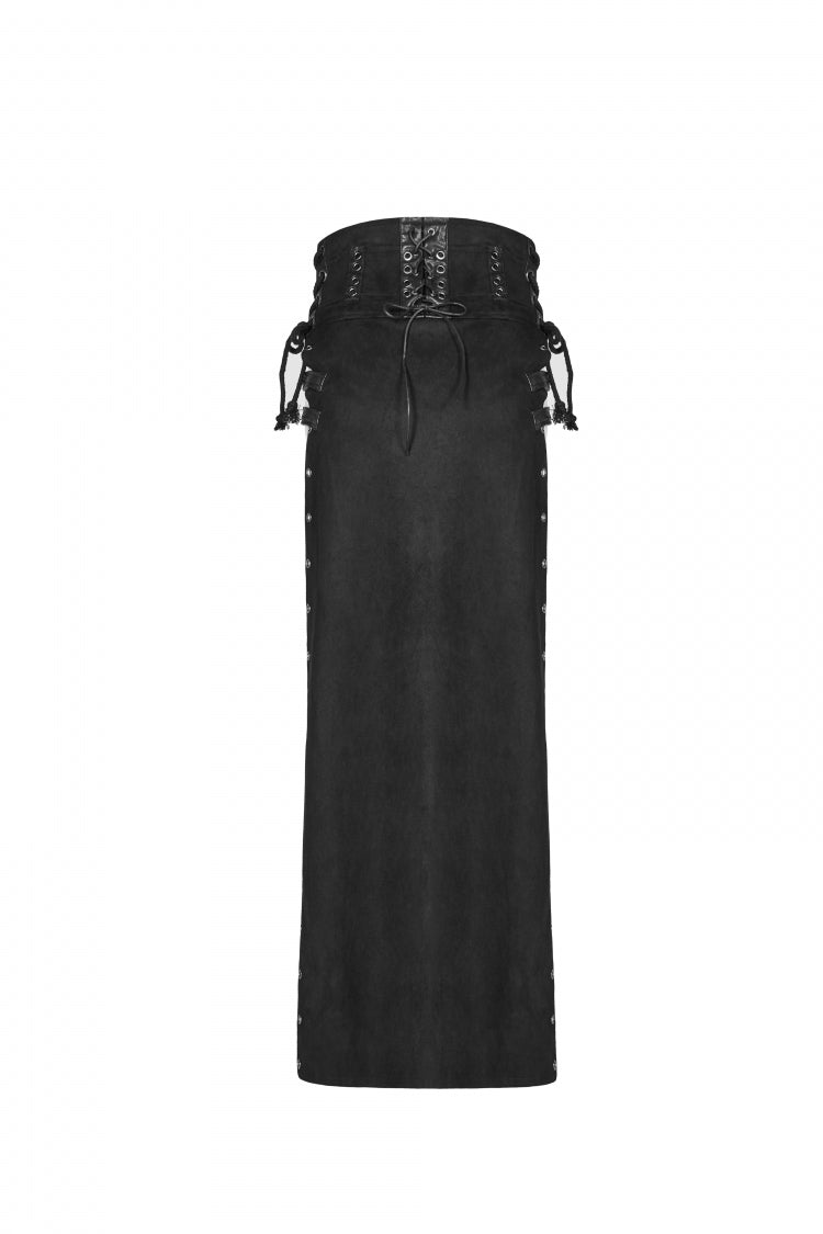 Black Metal Buckle PU Leather Buckle Lace-Up Sheer Women's Steampunk Long Skirt