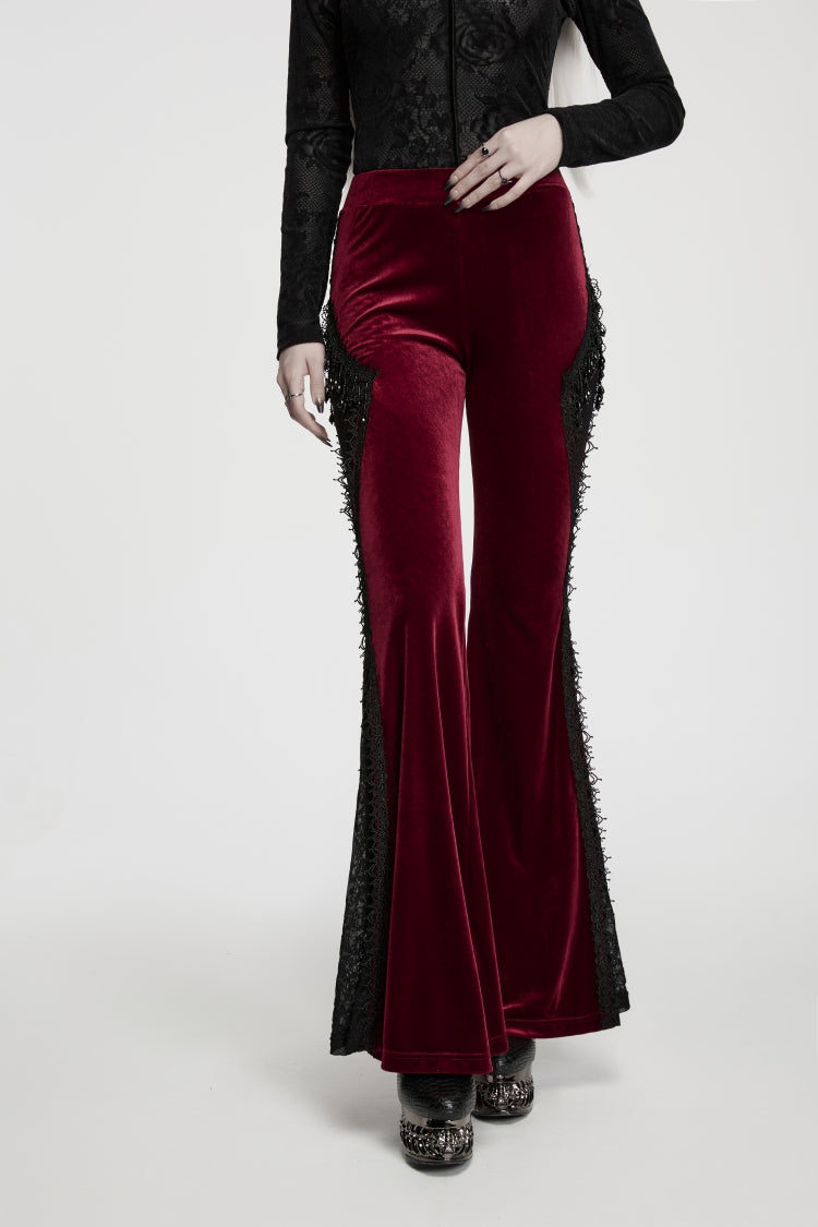 Red Patchwork Slim Fit Women's Gothic Floral Lace Spliced Beaded Tassel Flare Pants