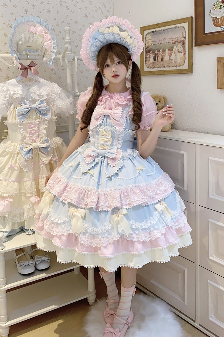 Robe Jsk Sweet Lolita en dentelle avec nœud à volants multicouches sans manches bleu/rose [gâteau fondant] 