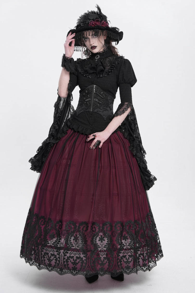 Red Stitching Floral Mesh Women's Gothic Skirt