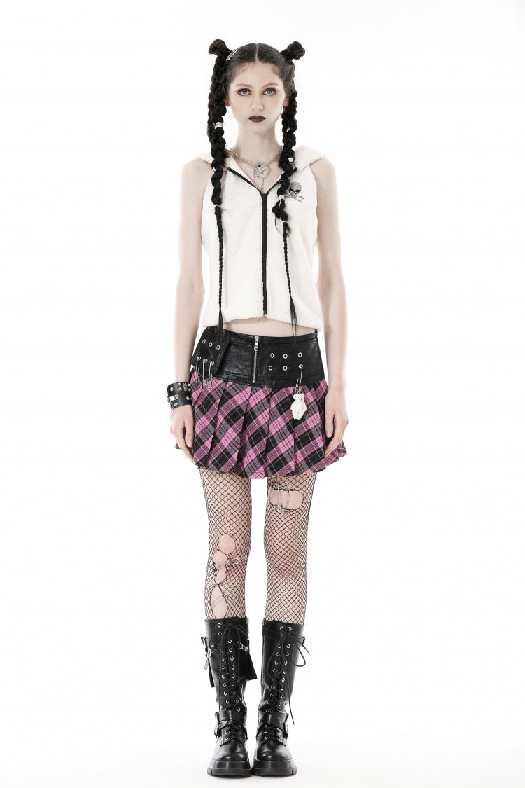 Mini jupe plissée à carreaux épissés en simili cuir à fermeture éclair Punk Grunge noir/rose pour femmes