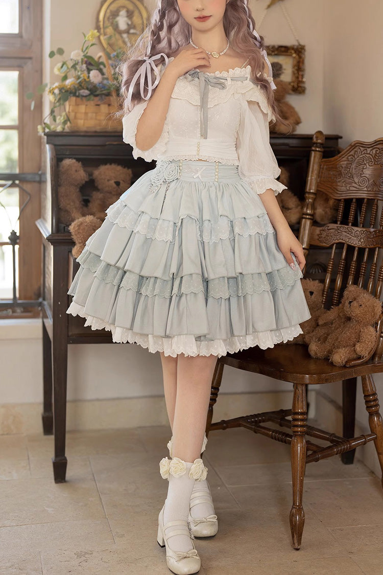 White/Blue Flower Language Multi-layer Ruffle Sweet Lolita Skirt Set