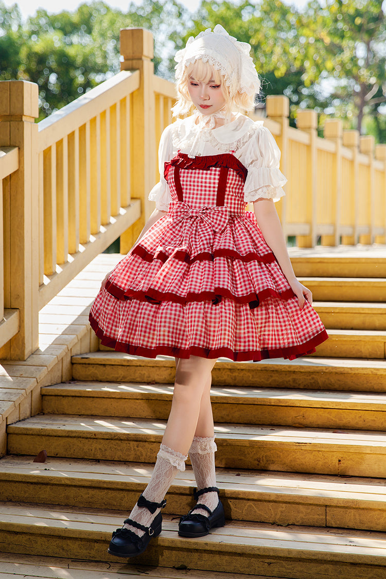Red [Cloth Cat] Triple-Layered Plaid Print Ruffle Bowknot Sweet Lolita Dress