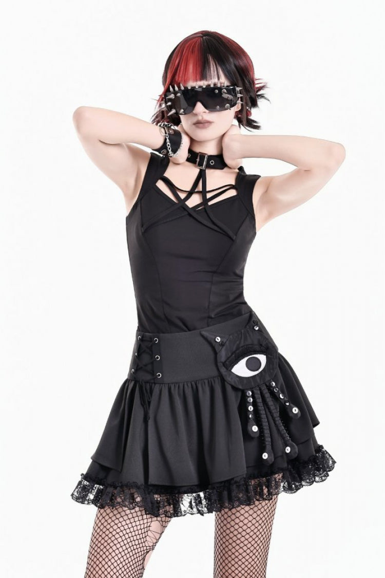 Black Women's Gothic Evil Eye Tentacle Applique Lace Hem Lace Up High Waist Mini Skirt