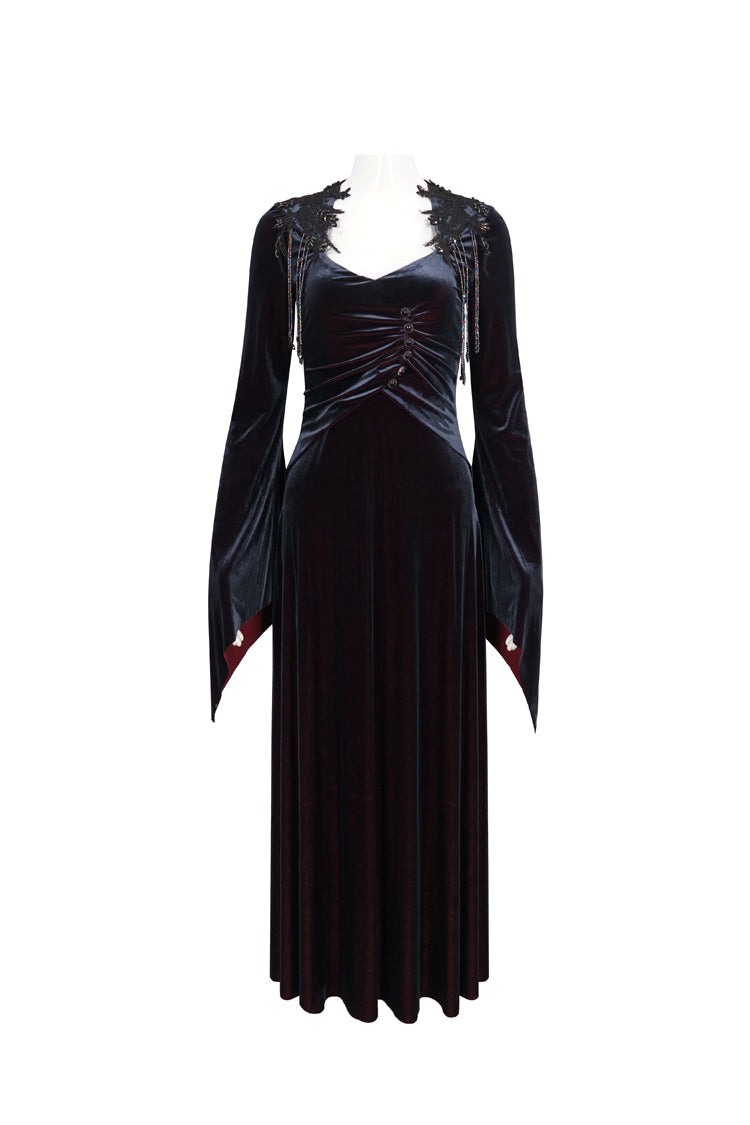 Black/Red Embroidered Fringe Flared Sleeve Long Women's Gothic Dress