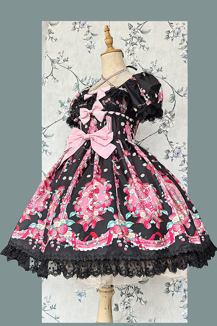 [Strawberry Chef] Short Sleeves Print Bowknot Lace Sweet Lolita Dress 4 Colors