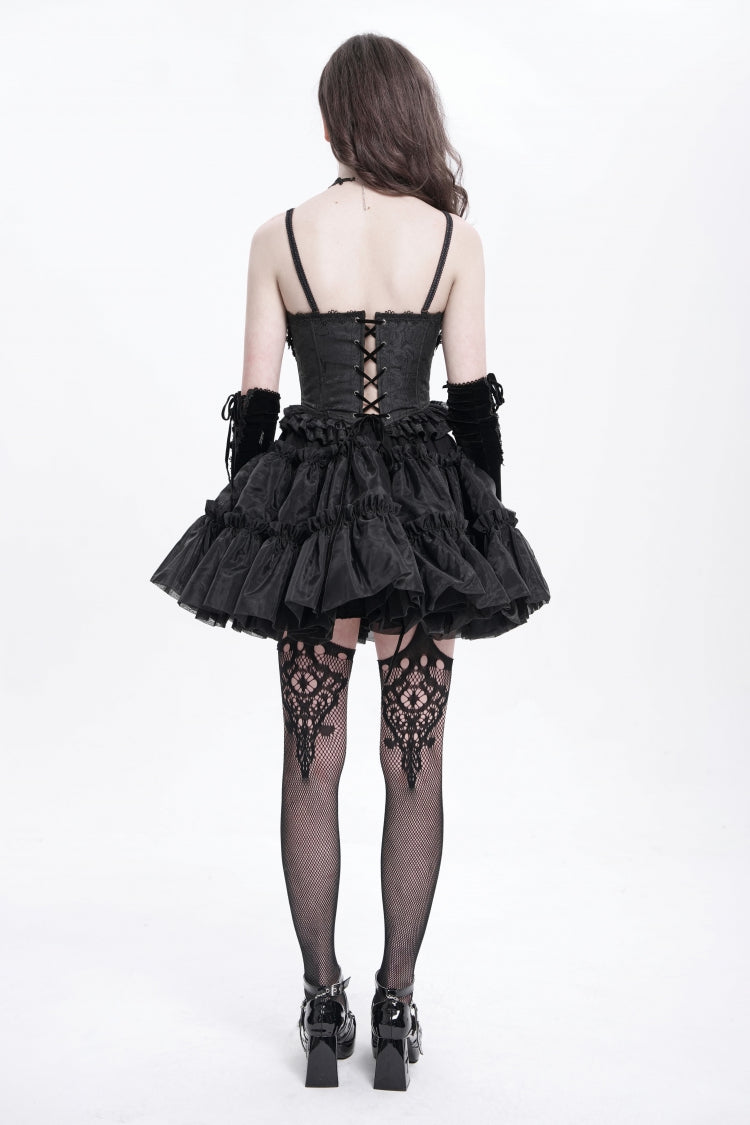 Black Sleeveless Ruffle Embroidery Lace-Up Women's Gothic Tank Top