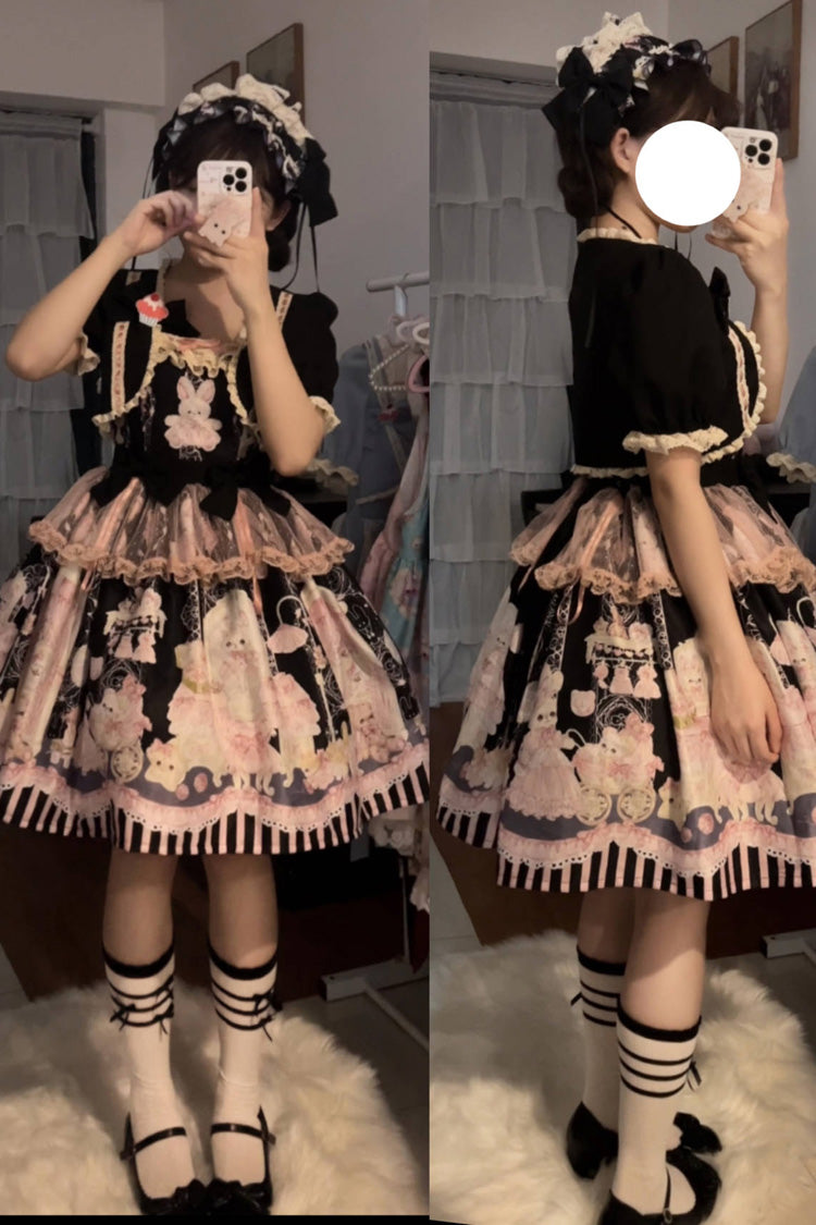 Rabbit Bear Wardrobe Print Ruffle Bowknot Sweet Lolita Dress 3 Colors