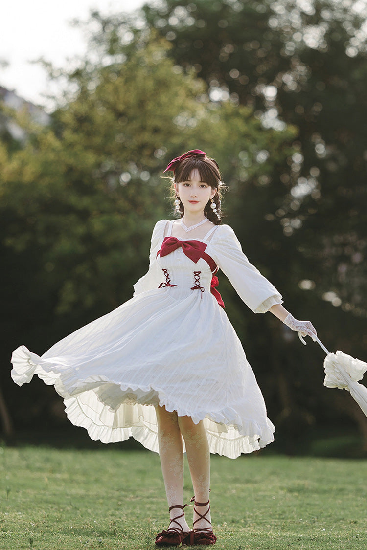 White Roman Covenant Boat Neck Long Sleeves Ruffle Classic Lolita Dress