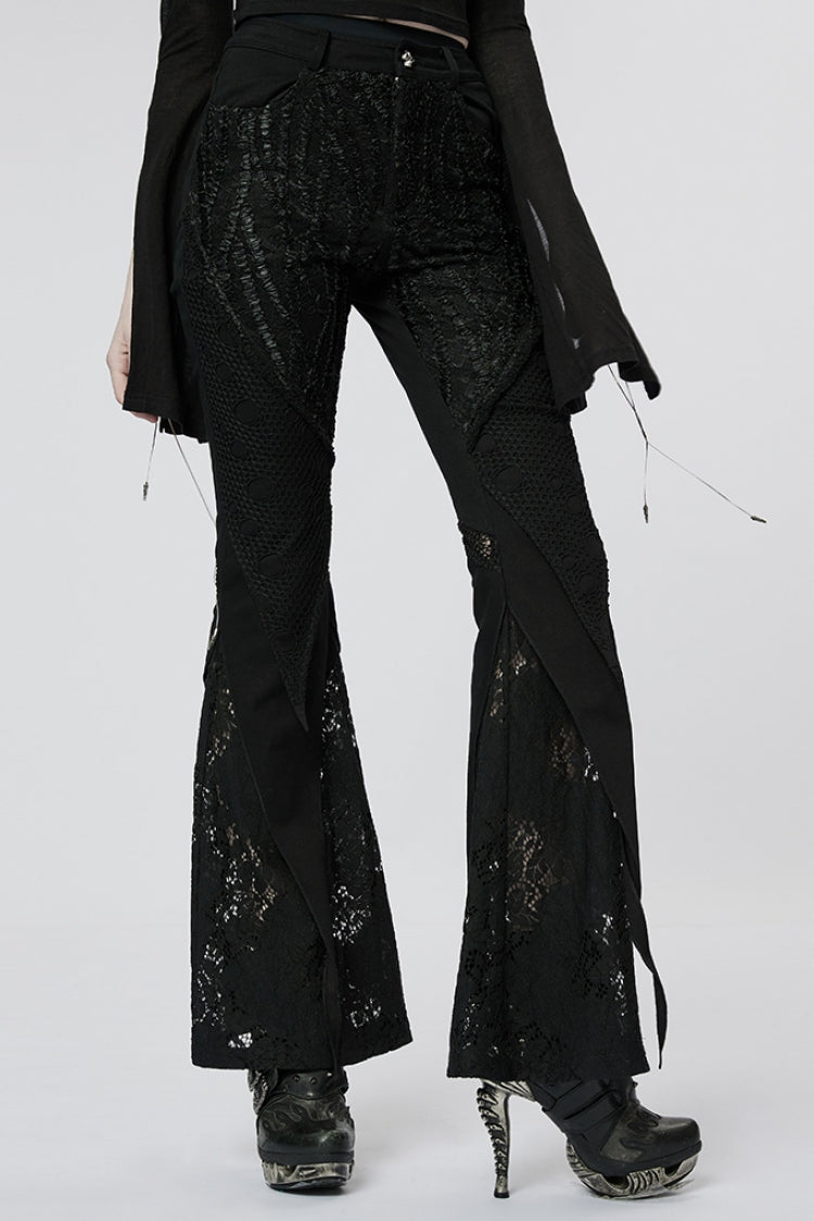 Schwarze, schmale Schlaghose mit Spitzennähten für Damen im Gothic-Stil