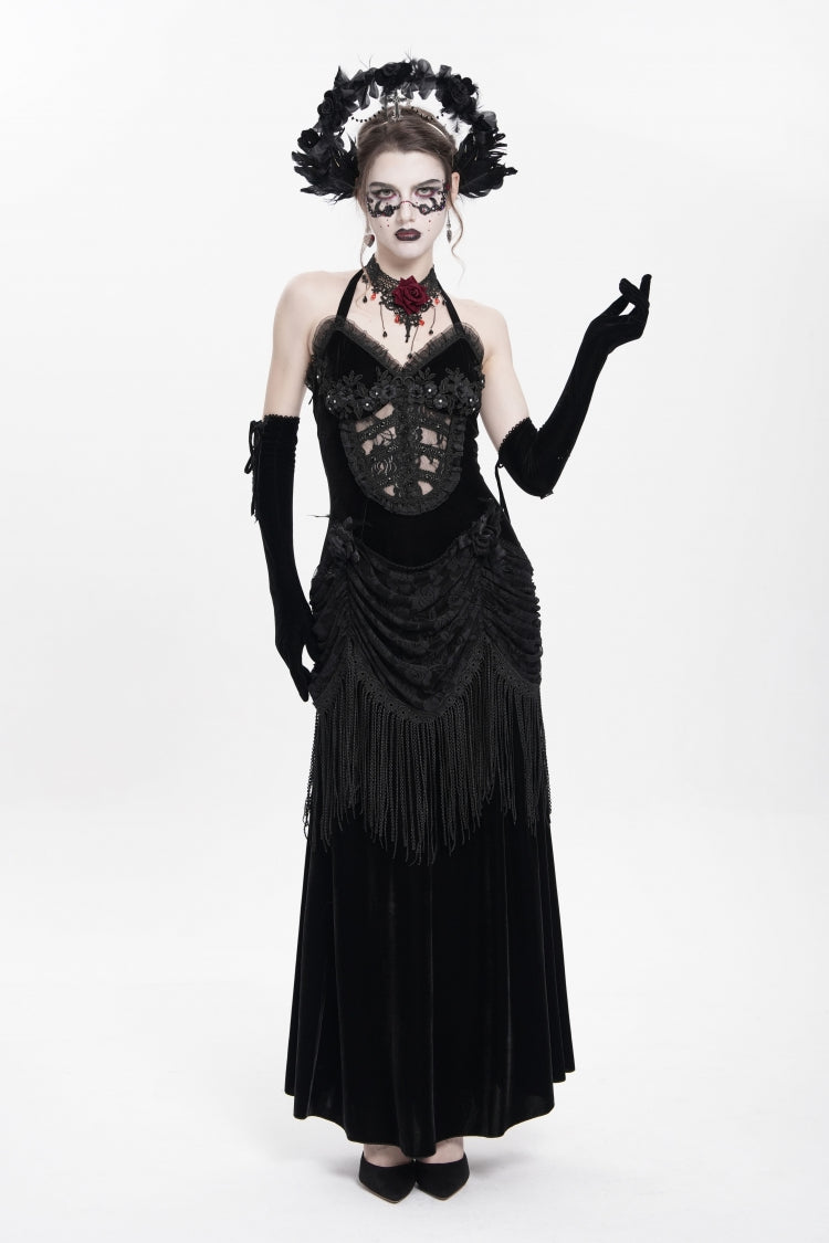 Black Sleeveless Hollow Floral Embroidery Lace-Up Pleated Women's Gothic Maxi Dress