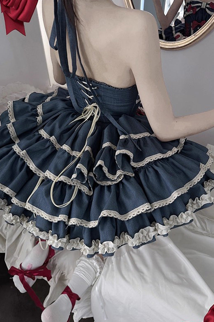 Blue [Milk Rabbit Theater] Halterneck Sleeveless Triple-Layered Ruffle Bowknot Lace-Up Sweet Lolita Jsk Dress