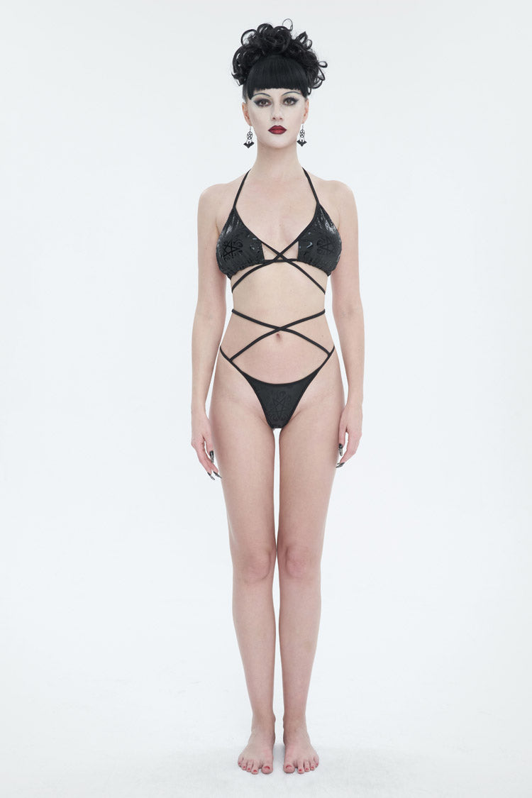 Black Pentagram Effect Print Sexy Strap Women's Gothic Swimsuit Set