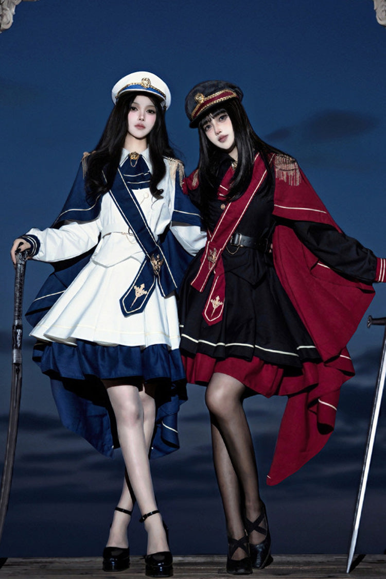 [Holy Crown Rose] Pointed Collar Long Sleeves Belted Buckle Decorated Ruffled Layered Military Lolita Dress Set 2 Colors(White/Navy, Black/Red)