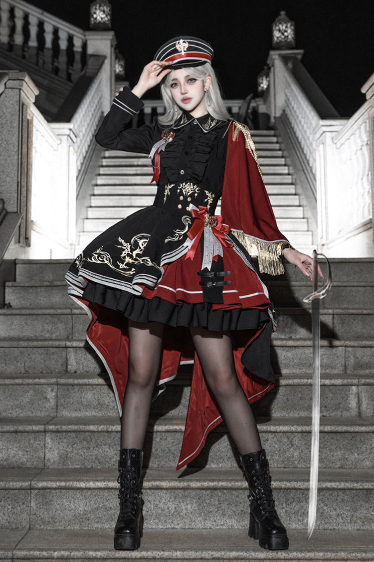 Black/Red [Sacred Crown Battle Hymn] Pointed Collar Long Sleeves Corset Waist Embroidered Ruffled Bow Gothic Military Lolita Dress Set