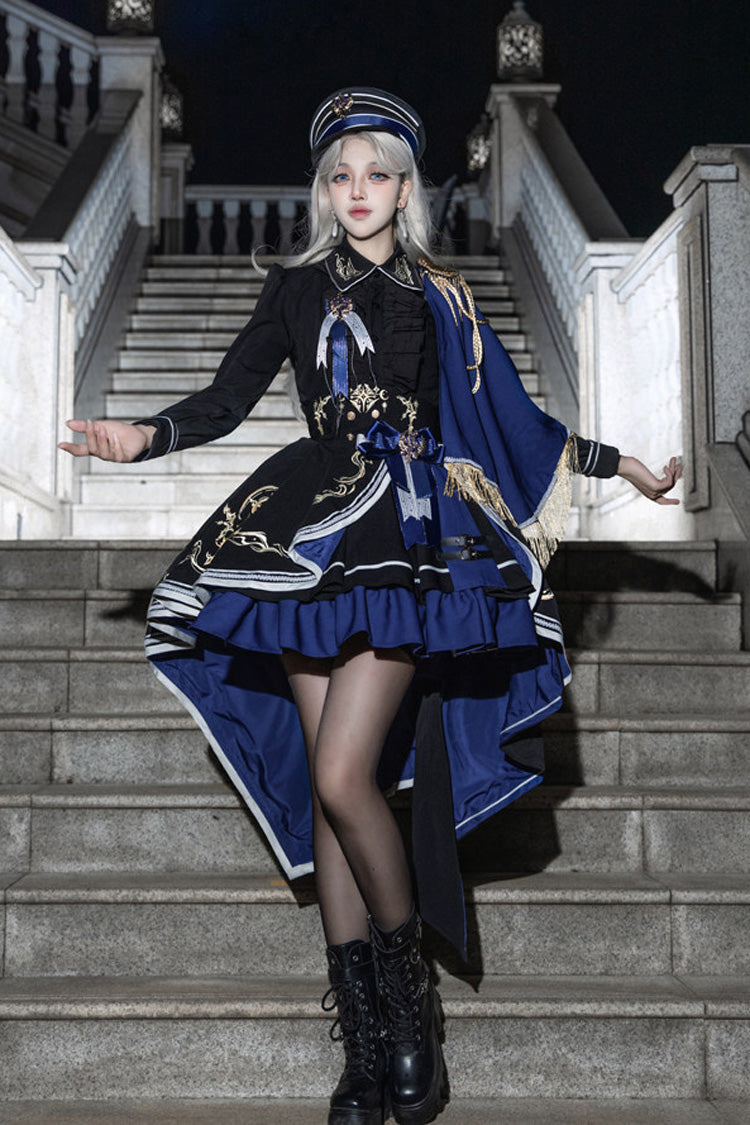Black/Blue [Sacred Crown Battle Hymn] Pointed Collar Long Sleeves Corset Waist Embroidered Ruffled Bow Gothic Military Lolita Dress Set