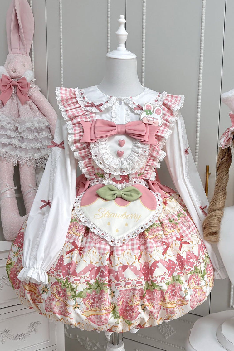 Pink [Rabbit Berry Tower] Sleeveless High Waisted Bow Lace Strawberry Print Bubble Hem Sweet Lolita JSK Dress