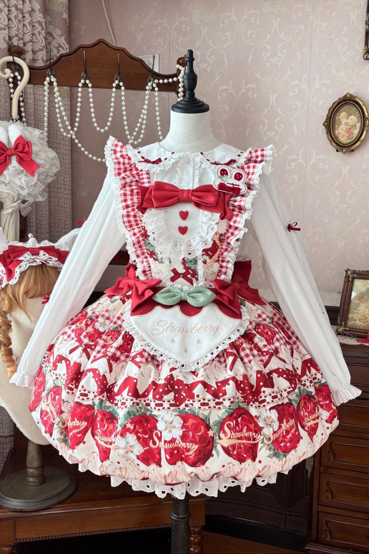 Red [Rabbit Berry Tower] Sleeveless High Waisted Bow Lace Strawberry Print Bubble Hem Sweet Lolita JSK Dress