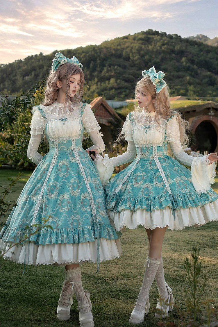 Turquoise [Old Garden Floral Letter] Square Neck Sleeveless High Waisted Floral Print Lace Trimmed Bow Decorated Liftable Hem Sweet Lolita JSK Dress 2 Versions