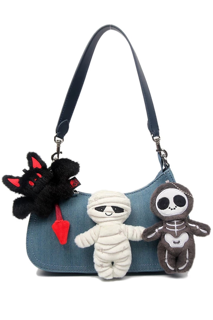 Blue Plush Doll Charm Skeleton Mummy Bat Women's Sweet Cool Y2K Gothic Halloween Underarm Shoulder Crossbody Bag