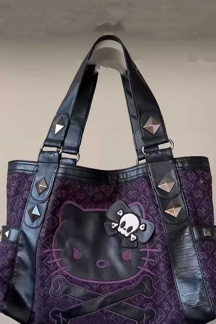 Purple/Black Hello Kitty Skull Crossbones Y2K Punk Studded Tote Bag Shoulder Handbag