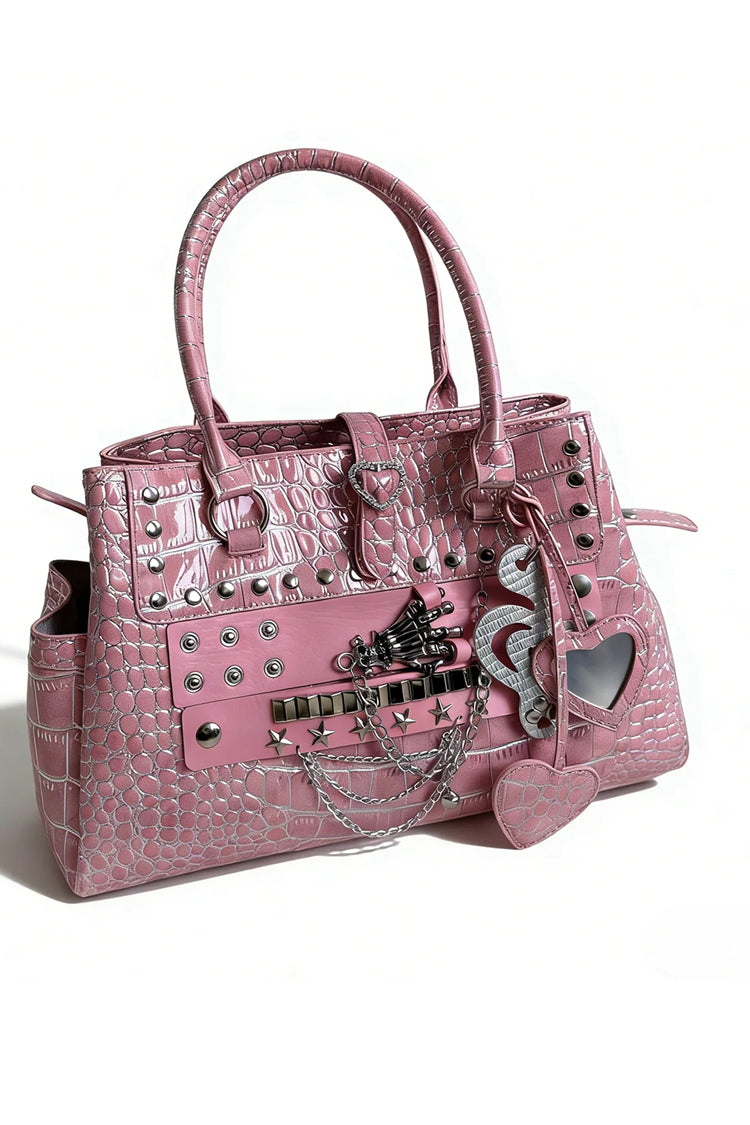 Rosa Krokodilprägung, Nietenkette, verzierter Herzanhänger, Punk-Lolita-Pendler-Einkaufstasche für Damen, Handtasche