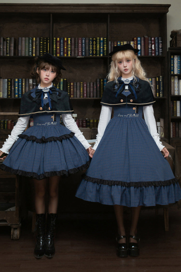 Blau [Hyde Diary] Ärmelloses, hoch tailliertes, kariertes Kleid mit gerüschten Spitzenknöpfen und verziertem Preppy-Lolita-Kleid 2 Versionen