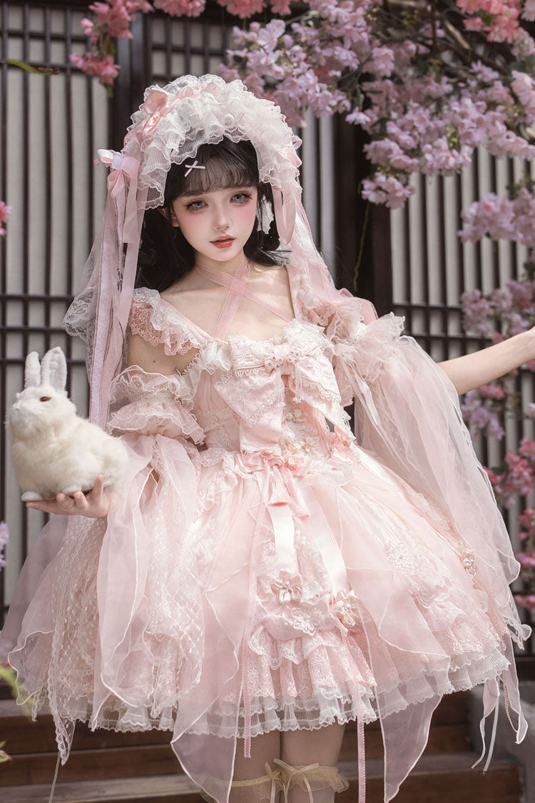 Rosa [Unbewusst vom Frühling] Ärmelloses Bustier, hohe Taille, Schleife, Spitze, Rüschen, Blumendruck, mehrlagiges, süßes, chinesisch inspiriertes Lolita-Kleid für Damen