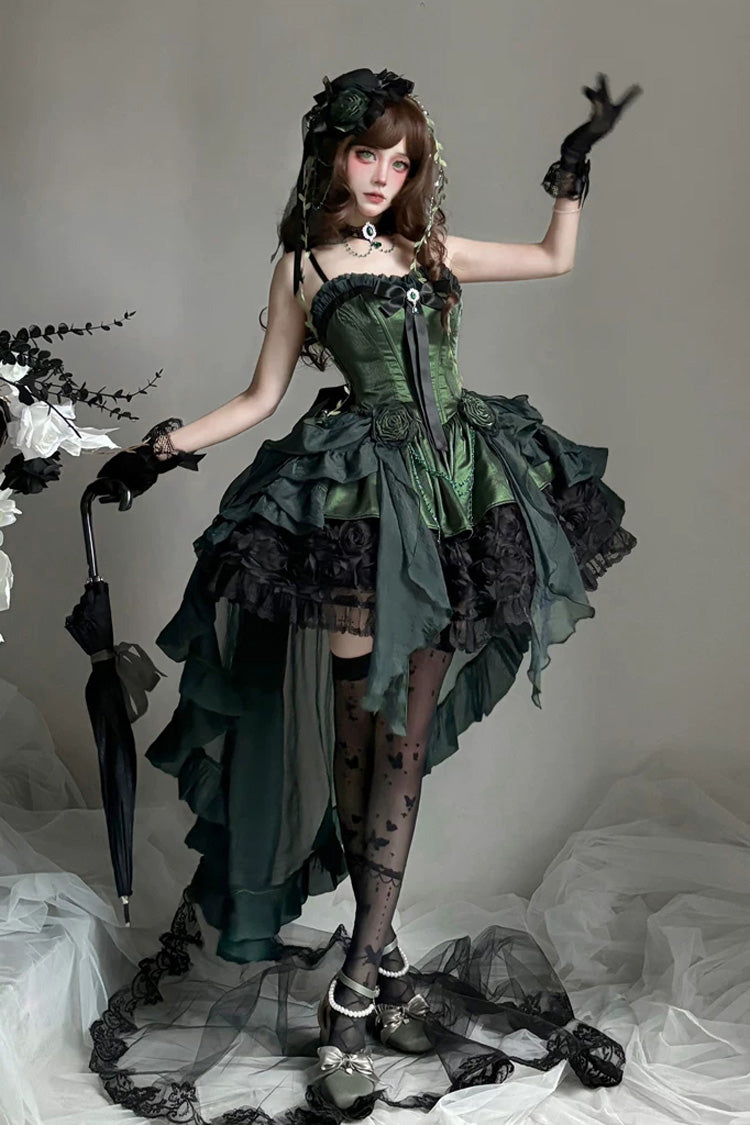 [Rose Nebula] Sleeveless Bustier Corset Waist Lace Ruffled Layered Asymmetric Elegant Gothic Lolita Dress 6 Colors (Red, Blue, Purple, Green, Yellow, Black/Pink)