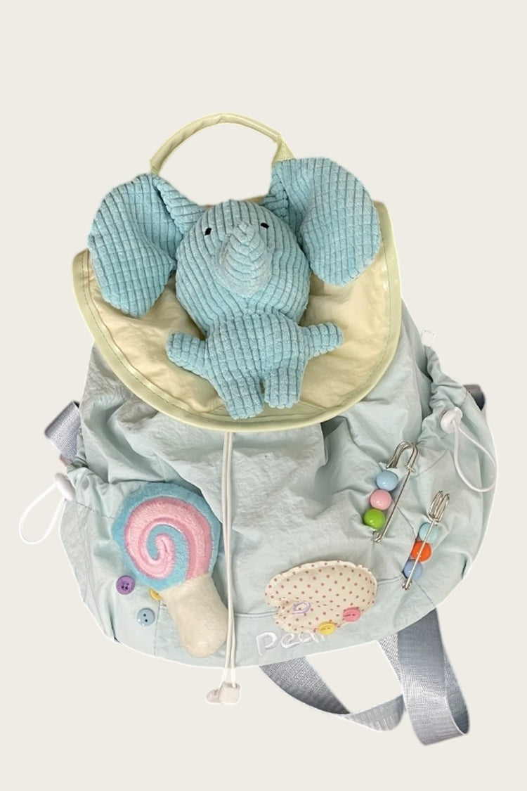 Light Blue Elephant Plush Lollipop Beaded Safety Pin Drawstring Sweet Lolita Backpack