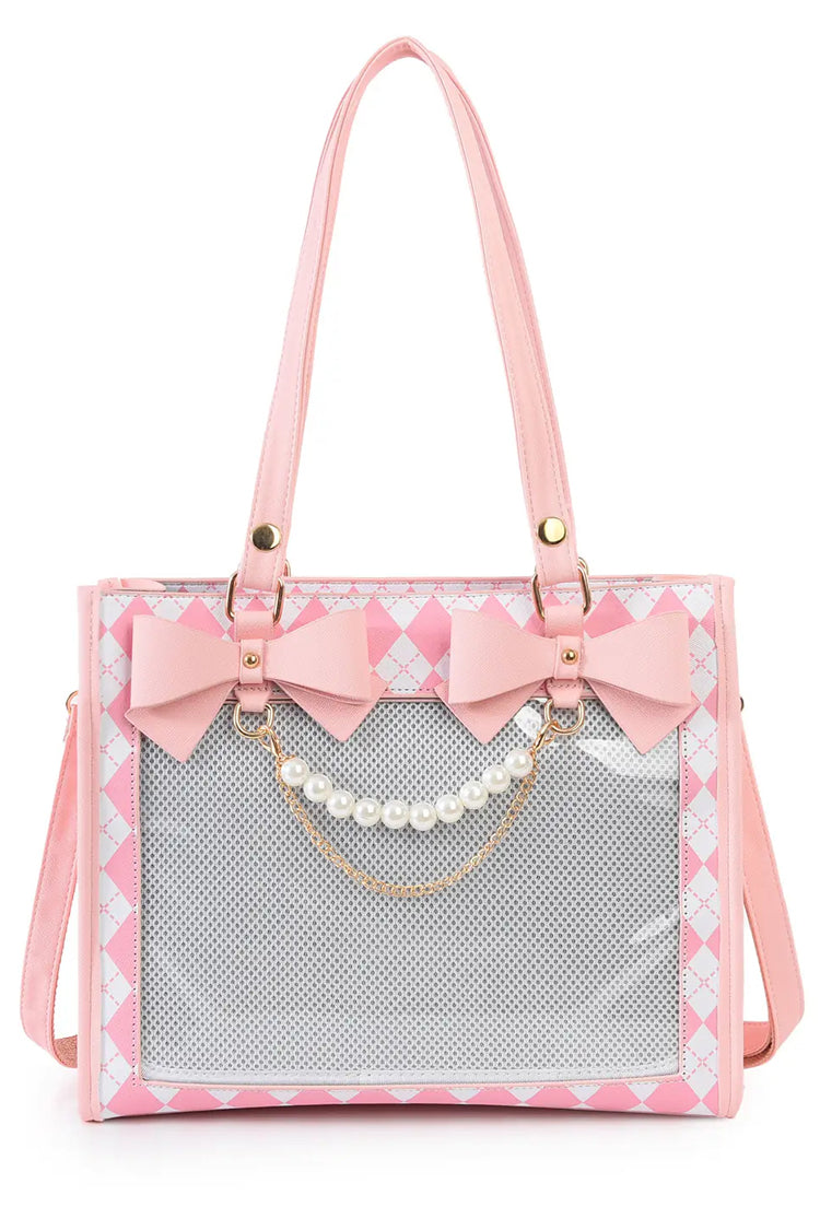 Bow Pearl Chain Decorated Diamond Print Clear Window Women's Sweet Lolita Ita Bag